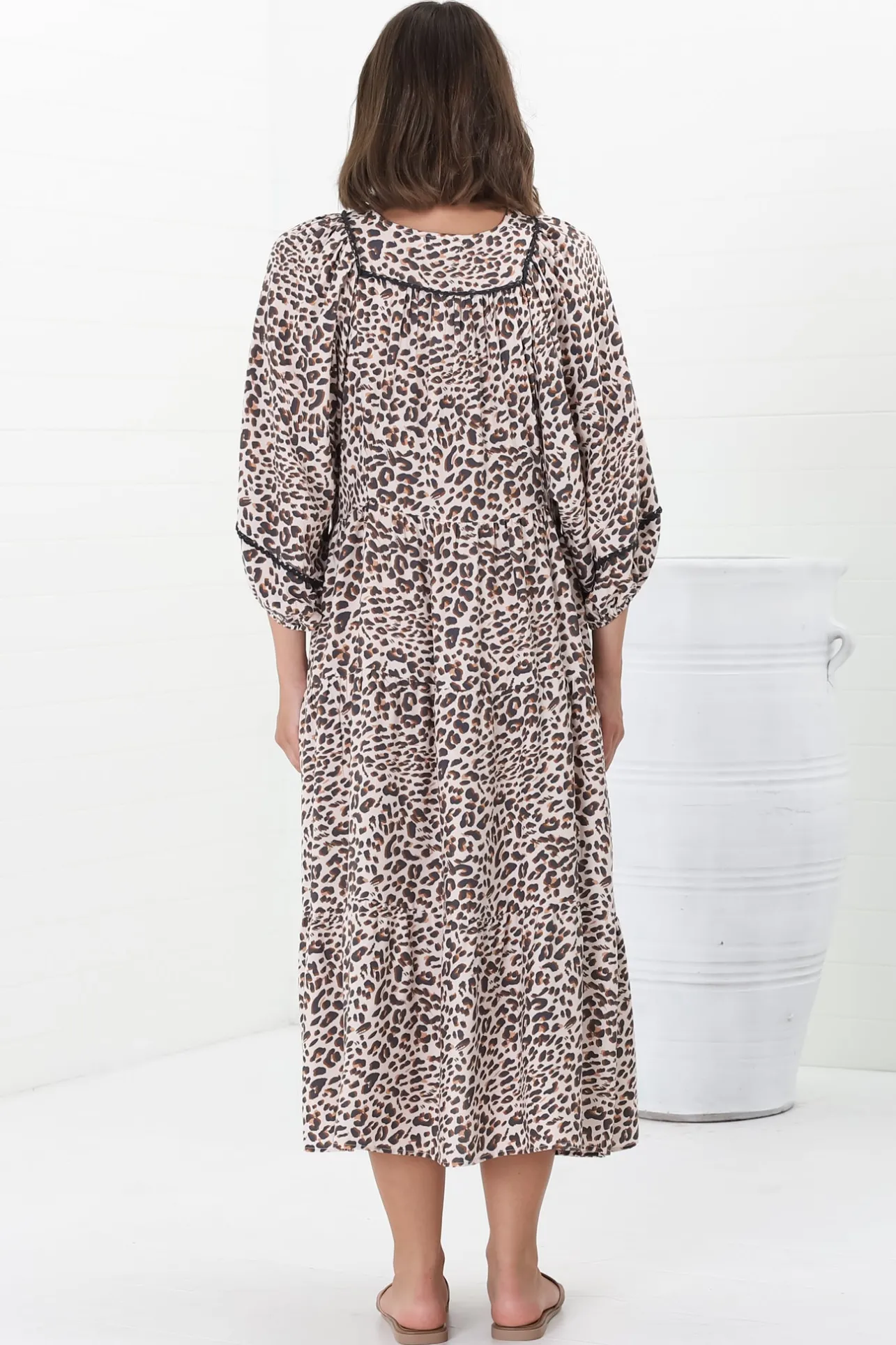 Kamali Midi Dress - Batwing Sleeve Smock Dress with Lace Detailing in Perrie Print Beige>Salty Crush Hot