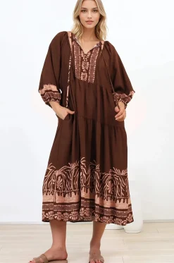 Kamali Midi Dress - Batwing Sleeve Smock Dress with Lace Detailing in Luma Print Brown>Salty Crush New