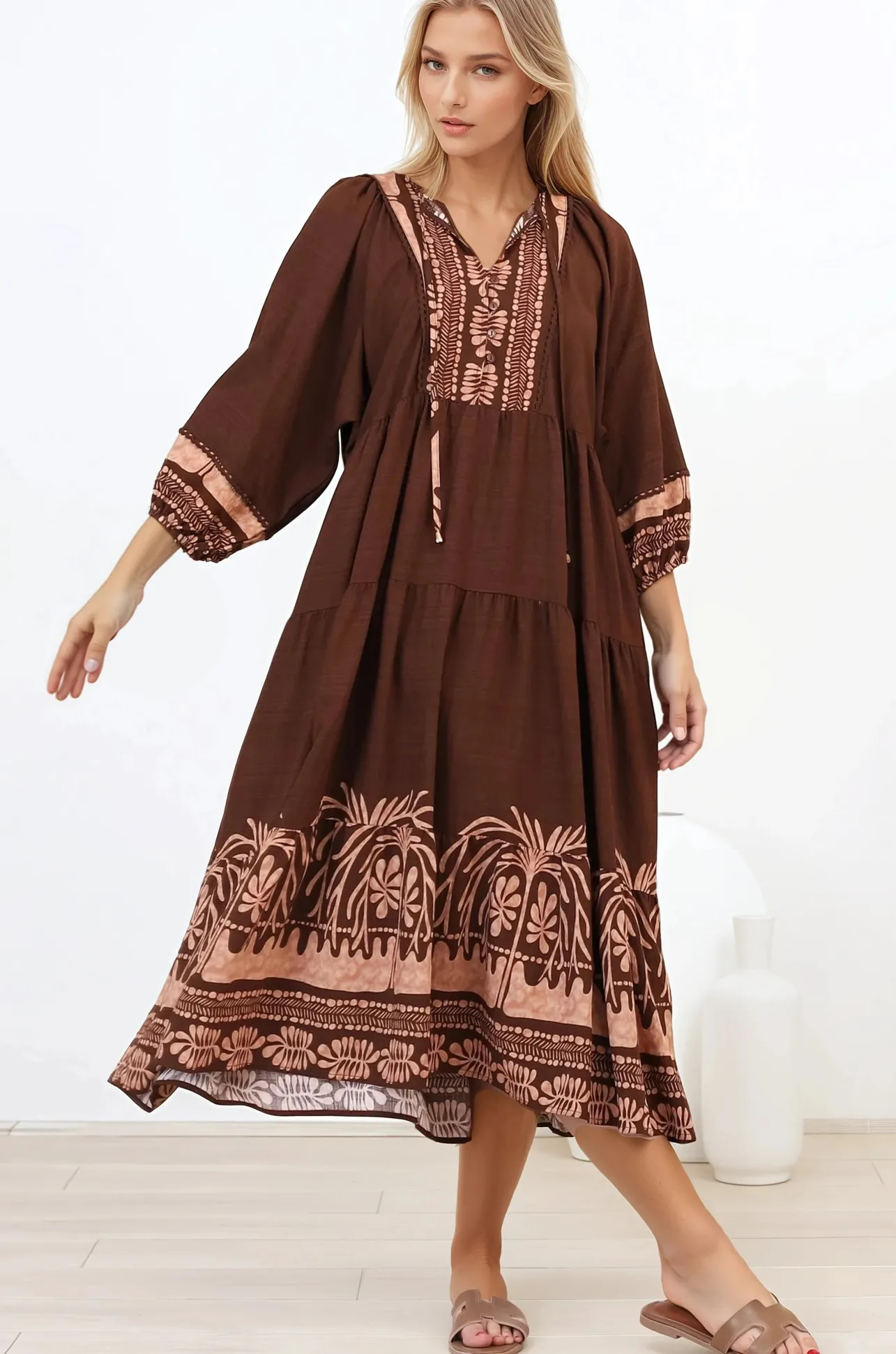 Kamali Midi Dress - Batwing Sleeve Smock Dress with Lace Detailing in Luma Print Brown>Salty Crush New