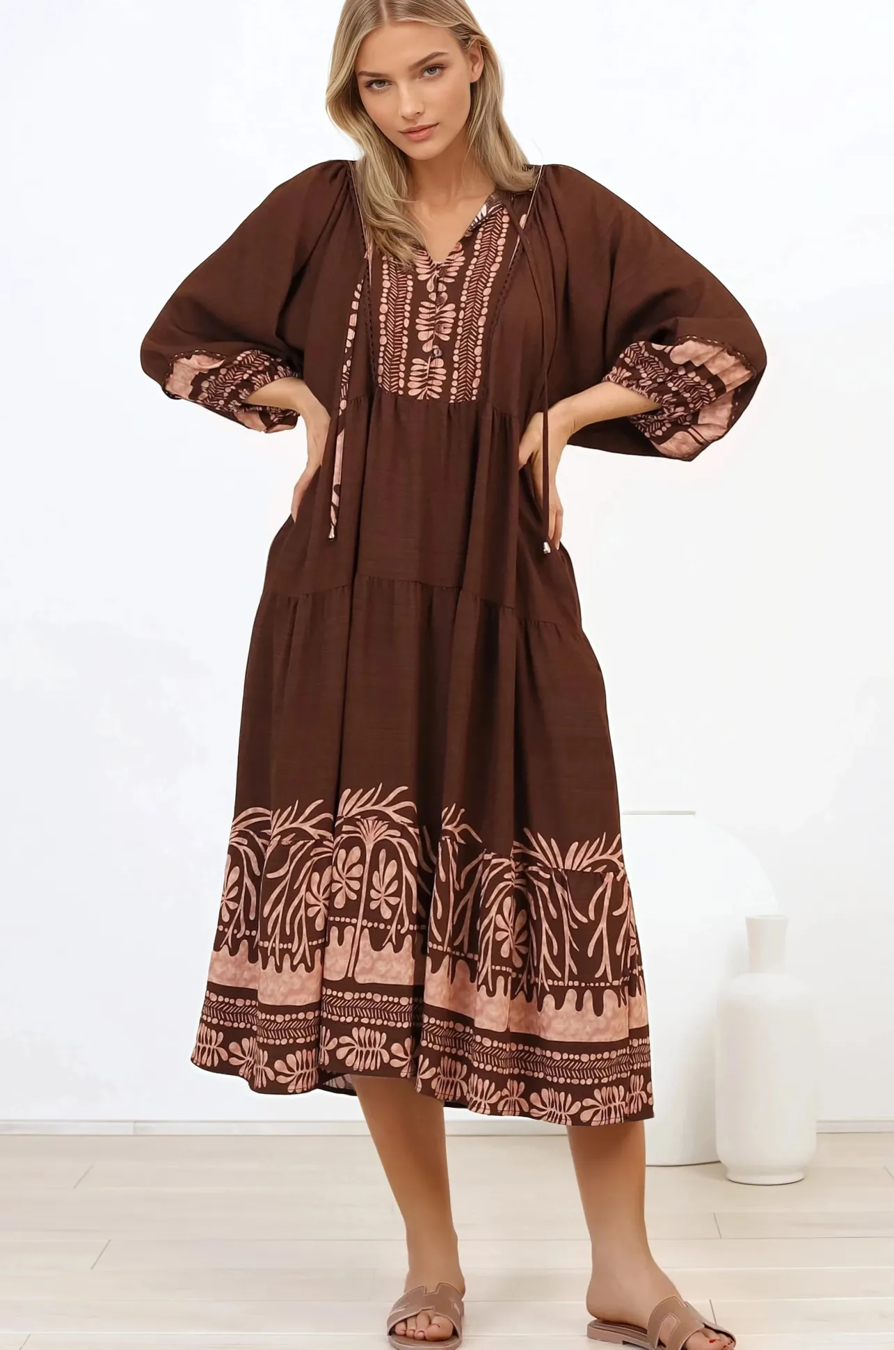 Kamali Midi Dress - Batwing Sleeve Smock Dress with Lace Detailing in Luma Print Brown>Salty Crush New