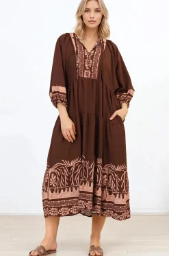 Kamali Midi Dress - Batwing Sleeve Smock Dress with Lace Detailing in Luma Print Brown><noscript><img width=