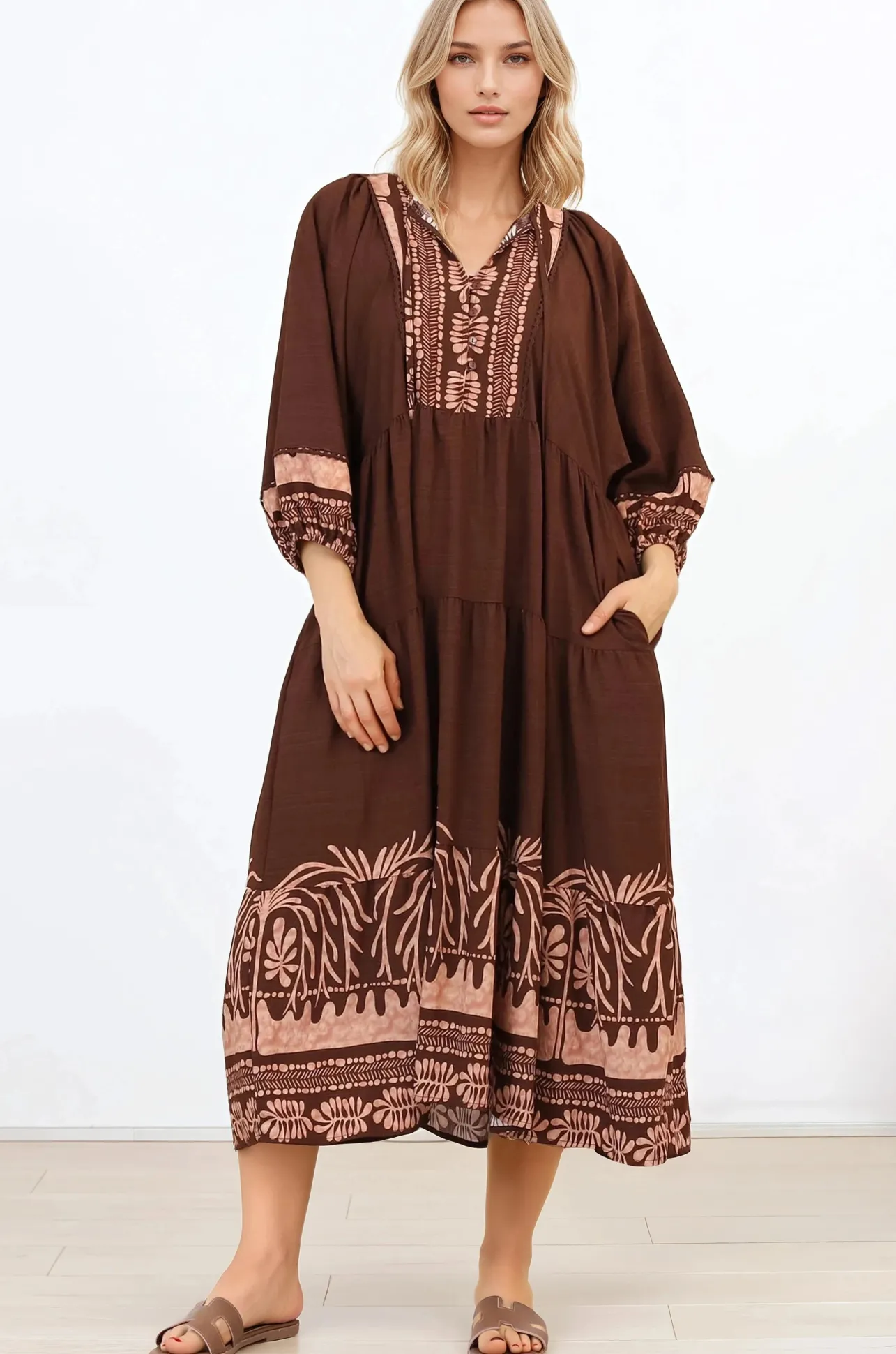 Kamali Midi Dress - Batwing Sleeve Smock Dress with Lace Detailing in Luma Print Brown>Salty Crush New