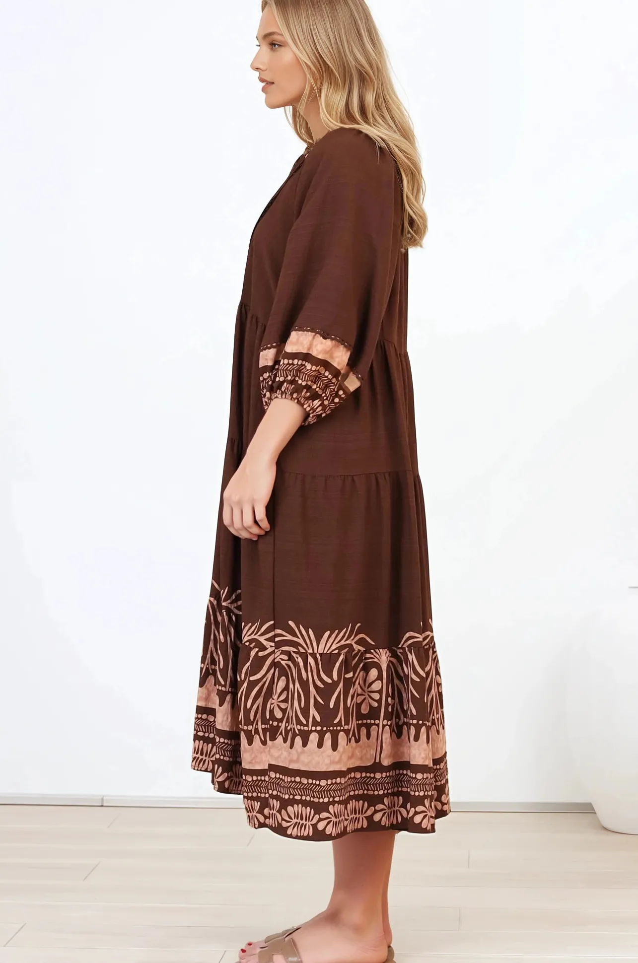 Kamali Midi Dress - Batwing Sleeve Smock Dress with Lace Detailing in Luma Print Brown>Salty Crush New