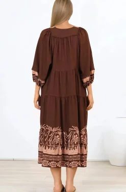 Kamali Midi Dress - Batwing Sleeve Smock Dress with Lace Detailing in Luma Print Brown><noscript><img width=