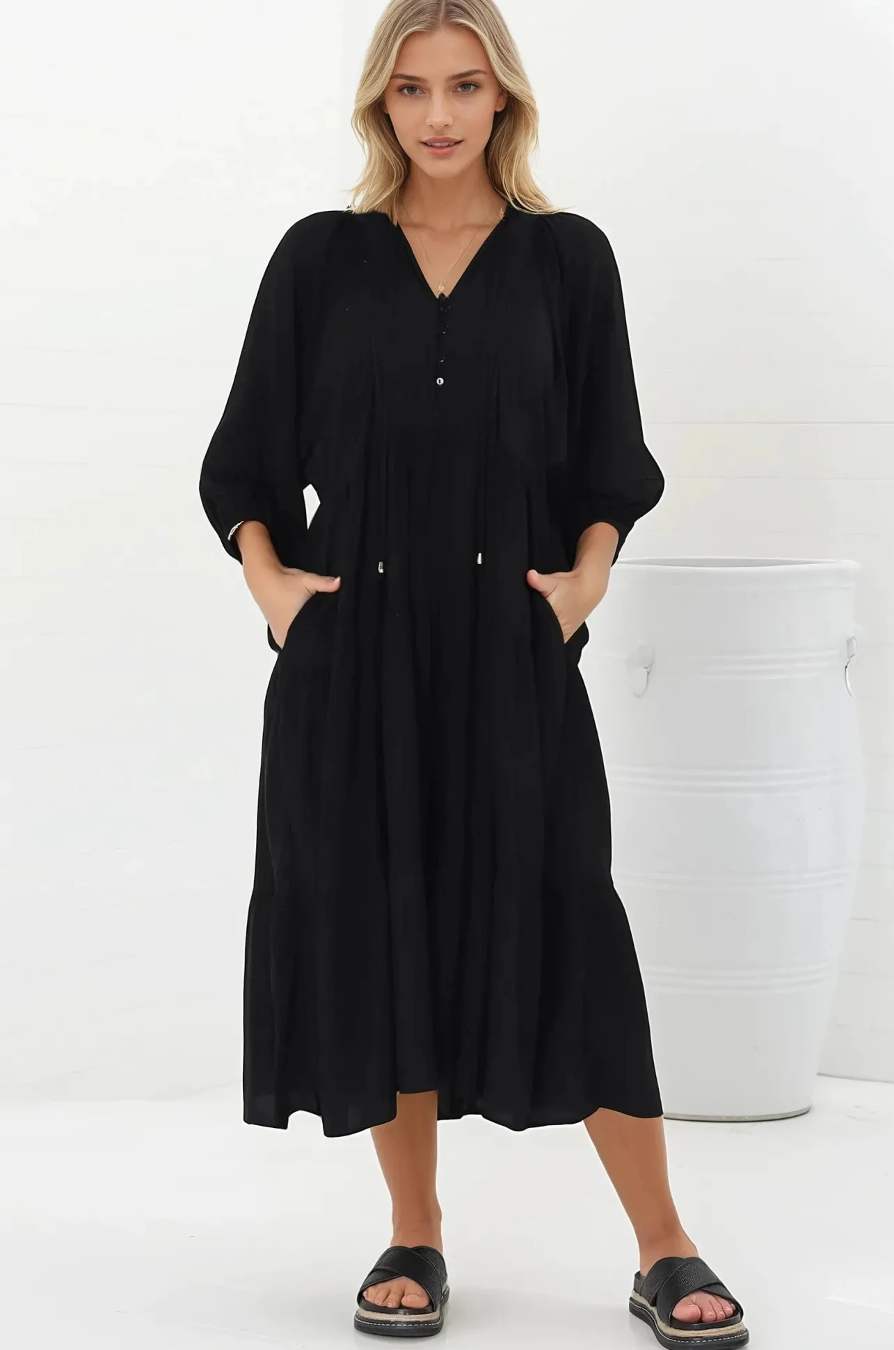 Kamali Midi Dress - Batwing Sleeve Smock Dress with Lace Detailing in Black>Salty Crush Sale