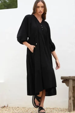 Kamali Midi Dress - Batwing Sleeve Smock Dress with Lace Detailing in Black><noscript><img width=