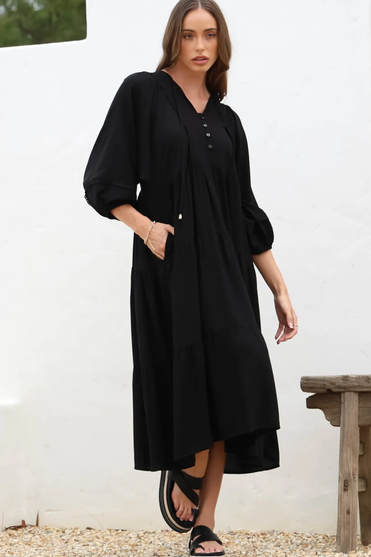 Kamali Midi Dress - Batwing Sleeve Smock Dress with Lace Detailing in Black>Salty Crush Sale