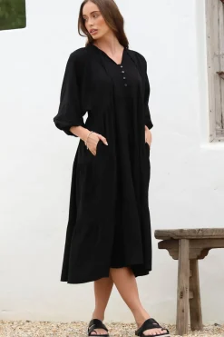 Kamali Midi Dress - Batwing Sleeve Smock Dress with Lace Detailing in Black><noscript><img width=
