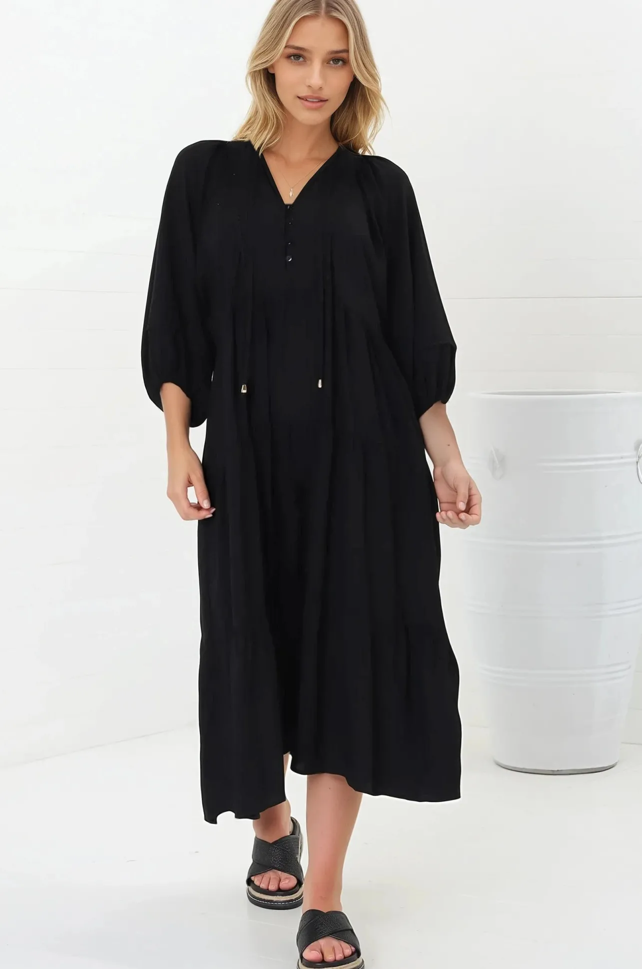 Kamali Midi Dress - Batwing Sleeve Smock Dress with Lace Detailing in Black>Salty Crush Sale
