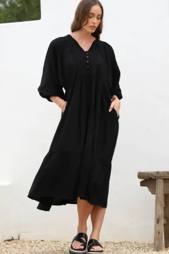 Kamali Midi Dress - Batwing Sleeve Smock Dress with Lace Detailing in Black><noscript><img width=