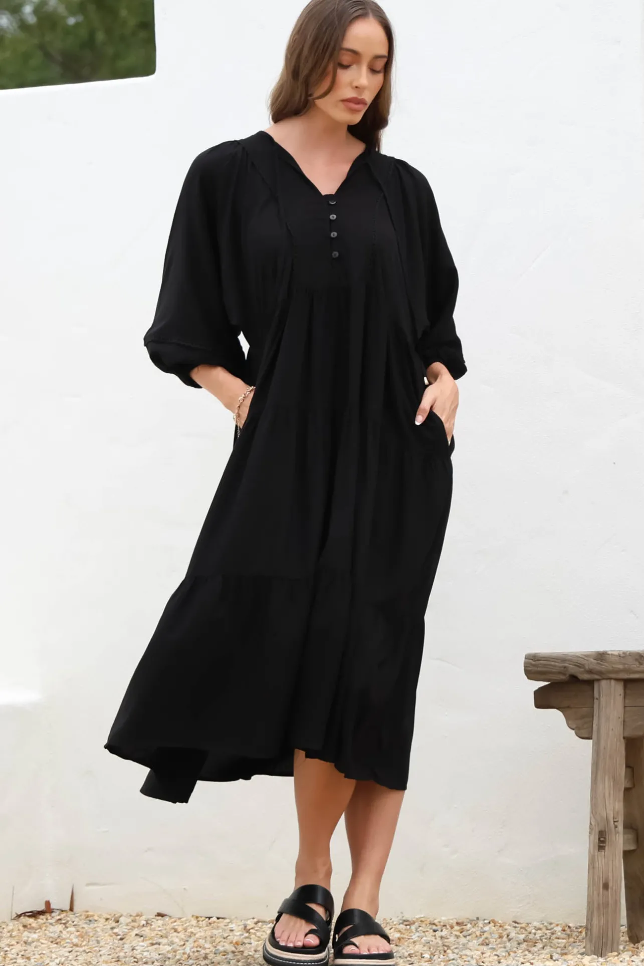 Kamali Midi Dress - Batwing Sleeve Smock Dress with Lace Detailing in Black>Salty Crush Sale