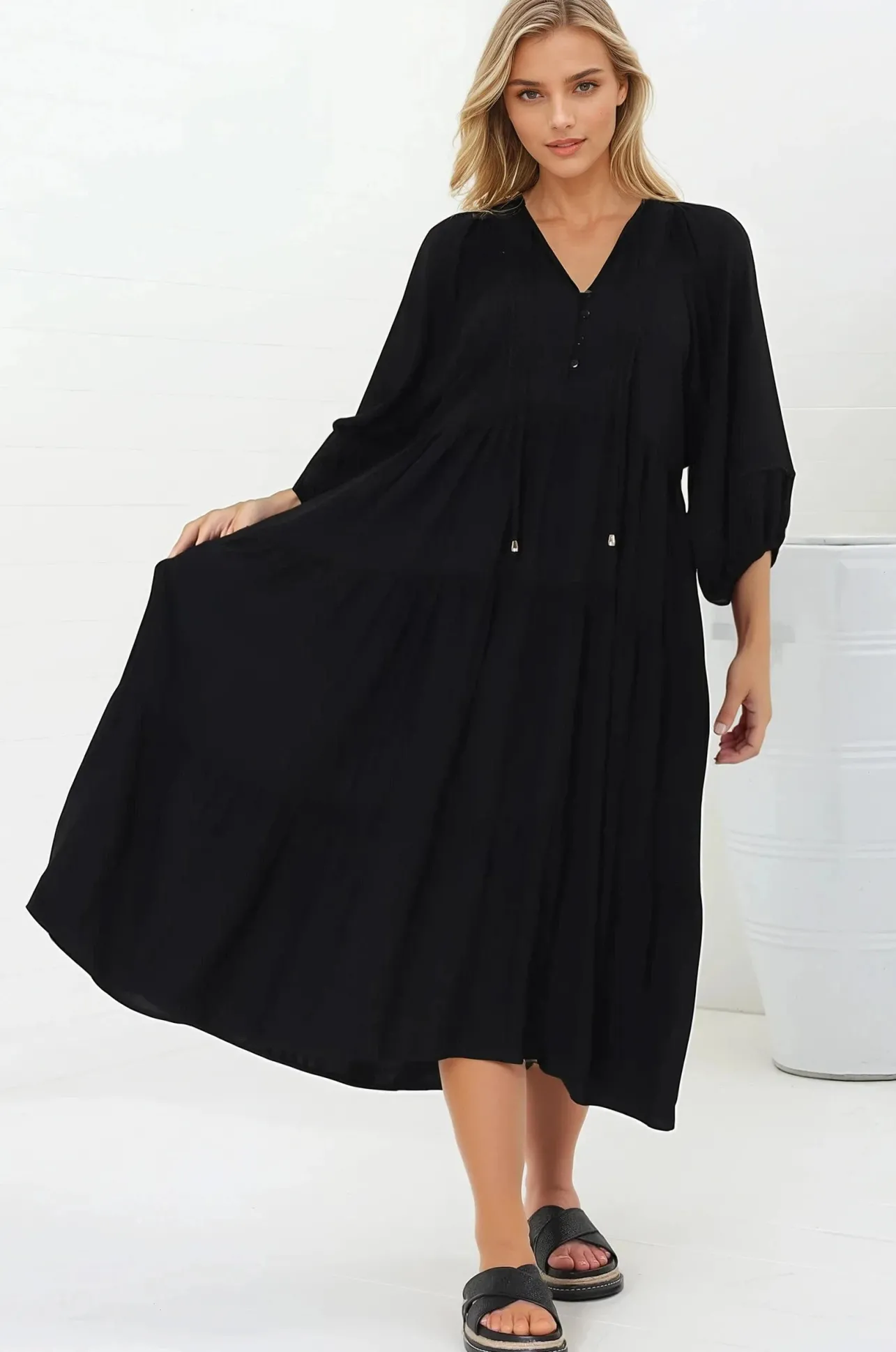 Kamali Midi Dress - Batwing Sleeve Smock Dress with Lace Detailing in Black>Salty Crush Sale