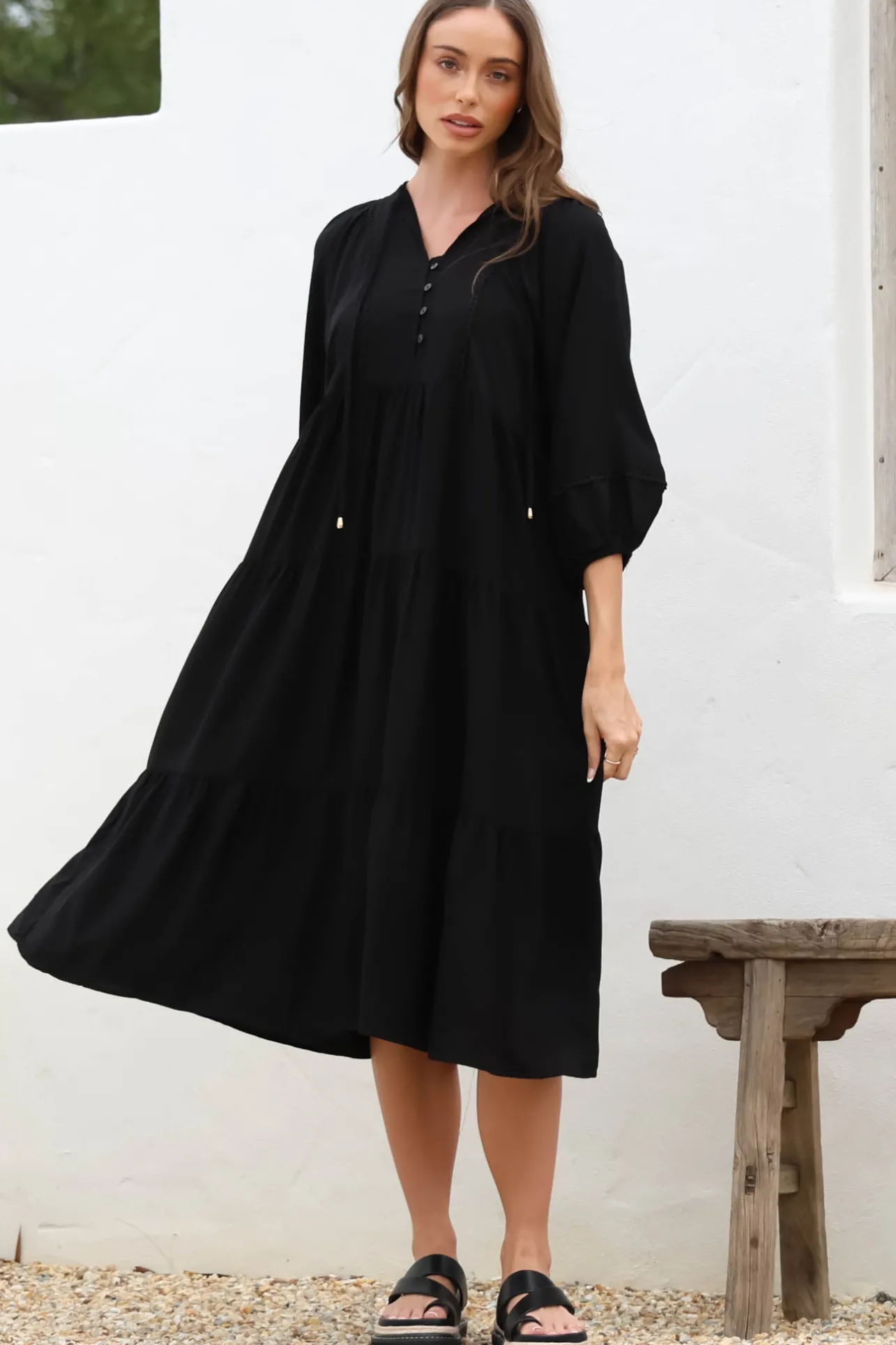 Kamali Midi Dress - Batwing Sleeve Smock Dress with Lace Detailing in Black>Salty Crush Sale