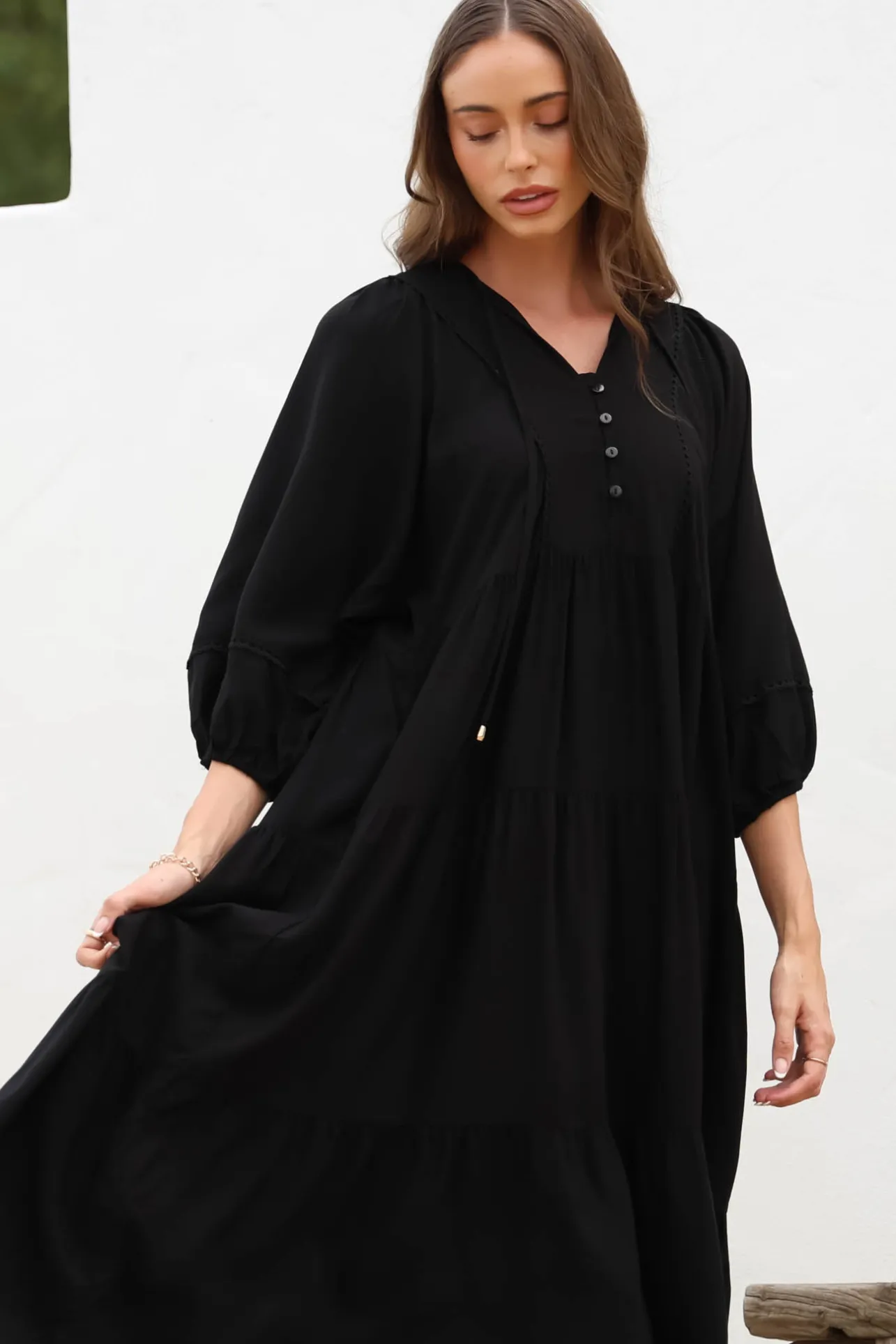 Kamali Midi Dress - Batwing Sleeve Smock Dress with Lace Detailing in Black>Salty Crush Sale