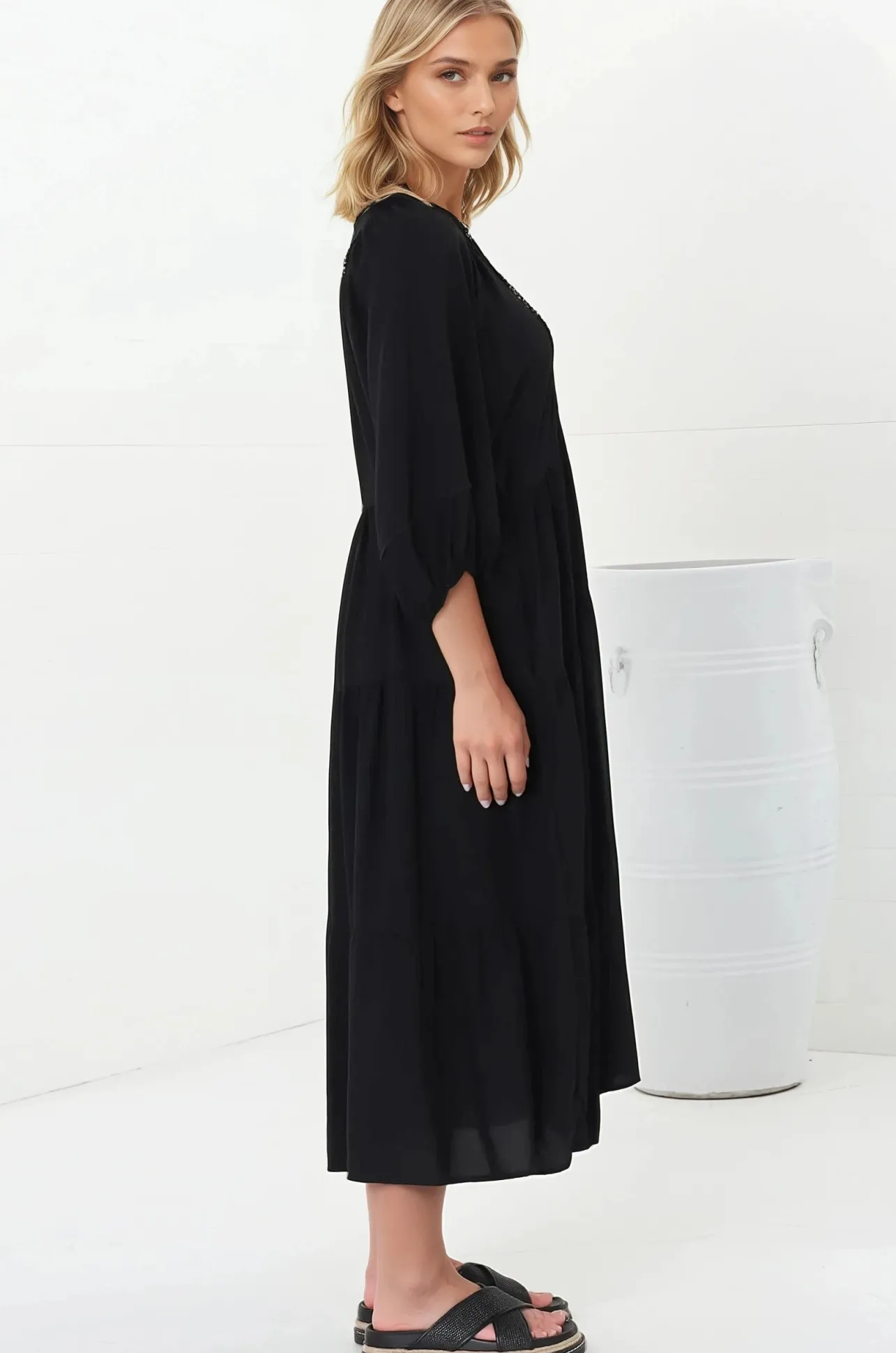 Kamali Midi Dress - Batwing Sleeve Smock Dress with Lace Detailing in Black>Salty Crush Sale