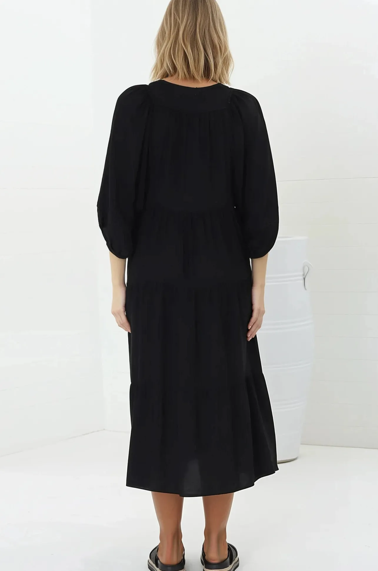 Kamali Midi Dress - Batwing Sleeve Smock Dress with Lace Detailing in Black>Salty Crush Sale