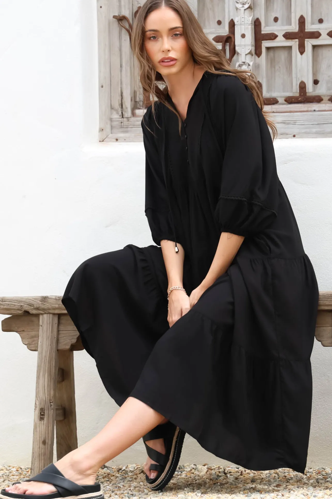 Kamali Midi Dress - Batwing Sleeve Smock Dress with Lace Detailing in Black>Salty Crush Sale