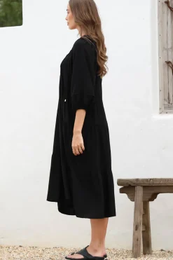 Kamali Midi Dress - Batwing Sleeve Smock Dress with Lace Detailing in Black><noscript><img width=