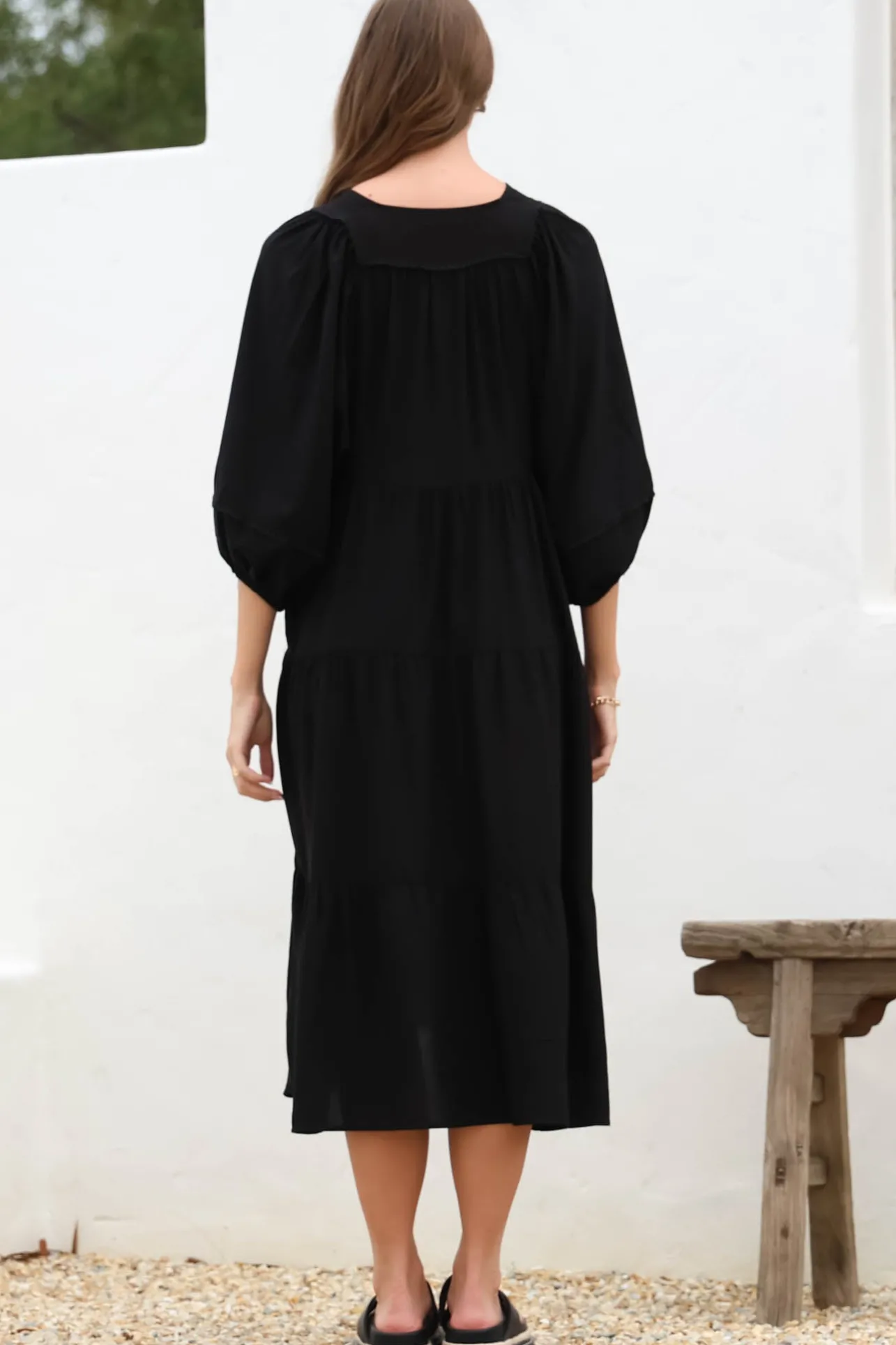 Kamali Midi Dress - Batwing Sleeve Smock Dress with Lace Detailing in Black>Salty Crush Sale