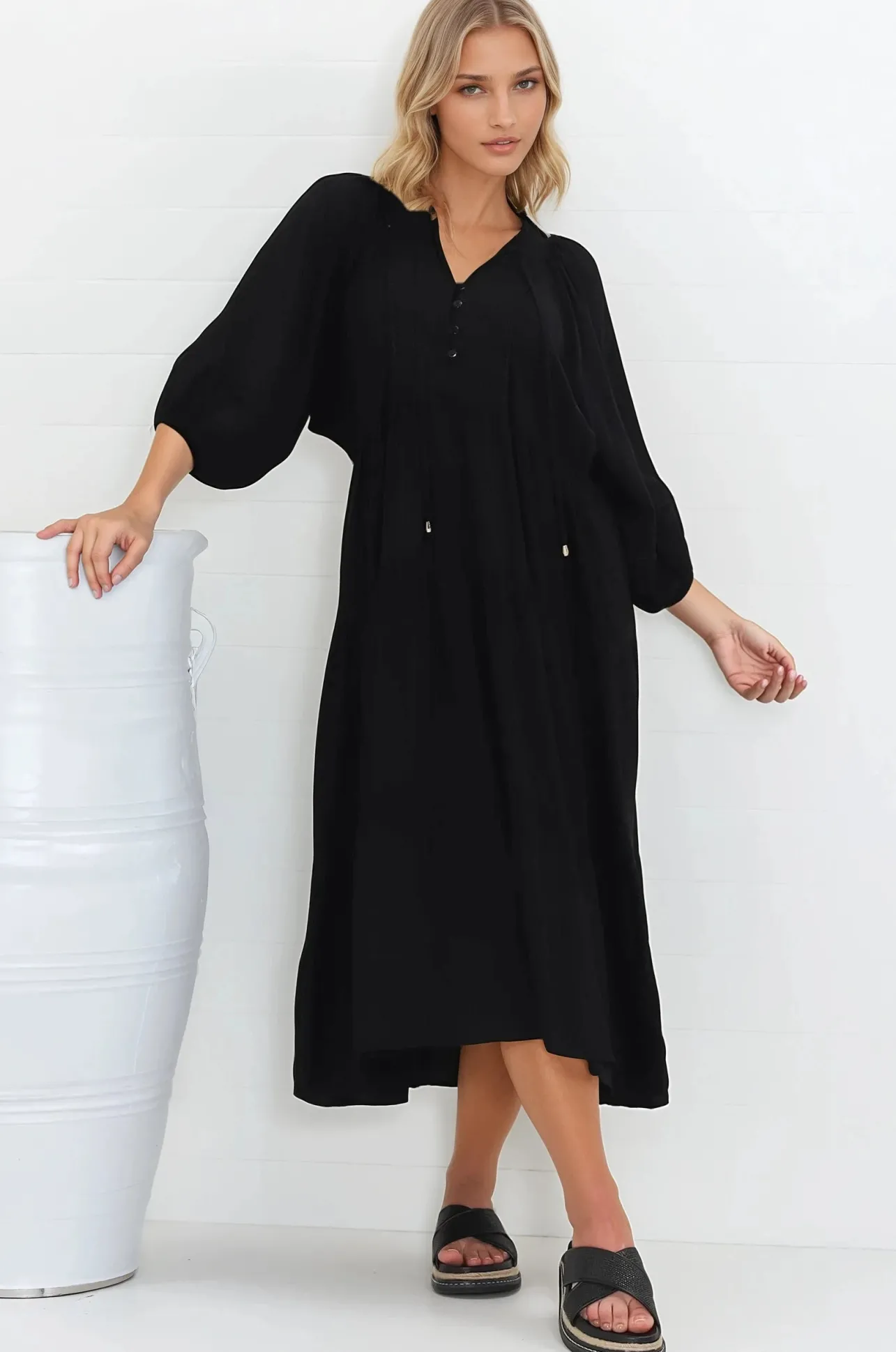 Kamali Midi Dress - Batwing Sleeve Smock Dress with Lace Detailing in Black>Salty Crush Sale
