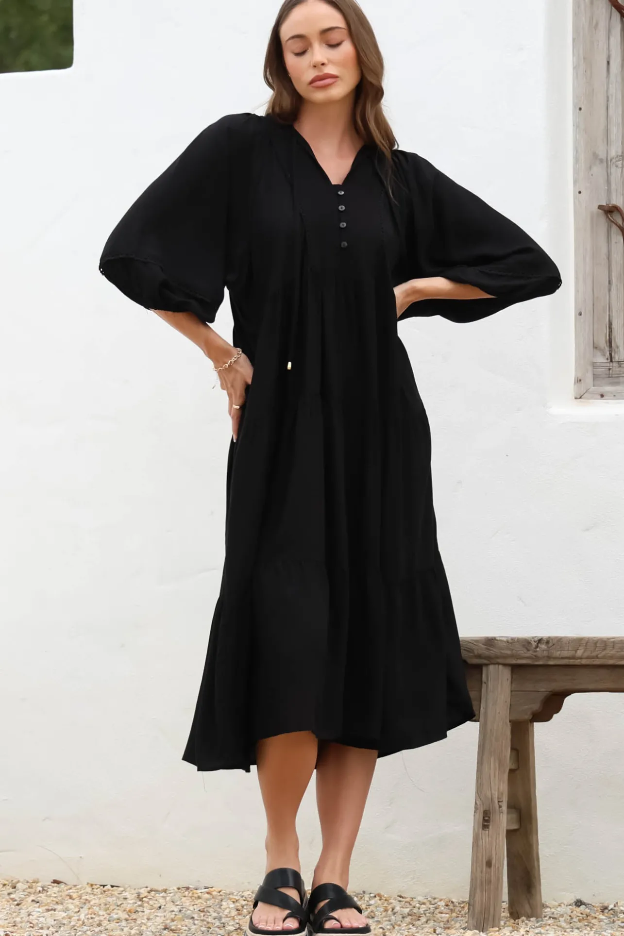 Kamali Midi Dress - Batwing Sleeve Smock Dress with Lace Detailing in Black>Salty Crush Sale
