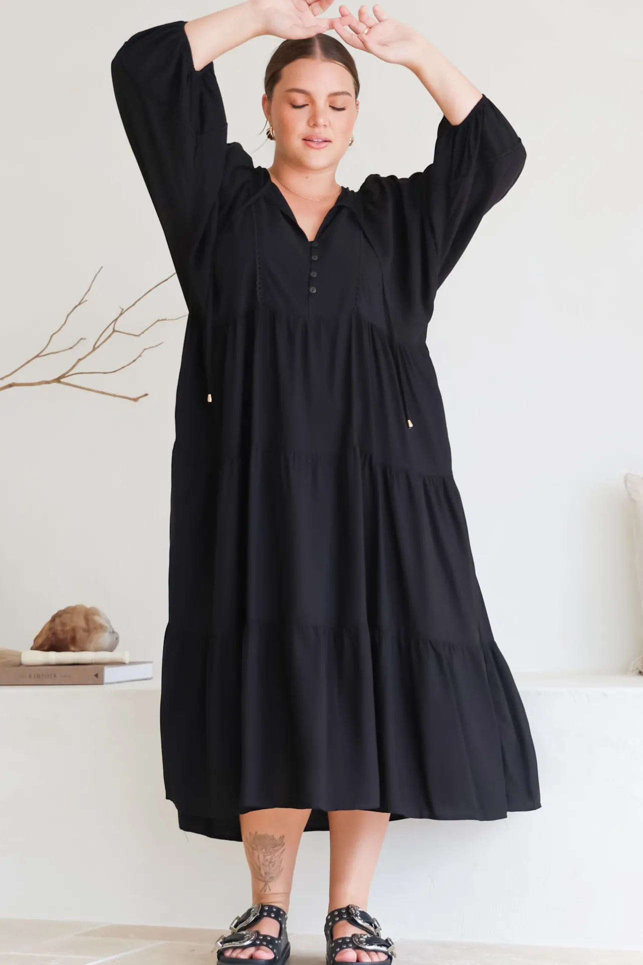 Kamali Midi Dress - Batwing Sleeve Smock Dress with Lace Detailing in Black>Salty Crush Sale