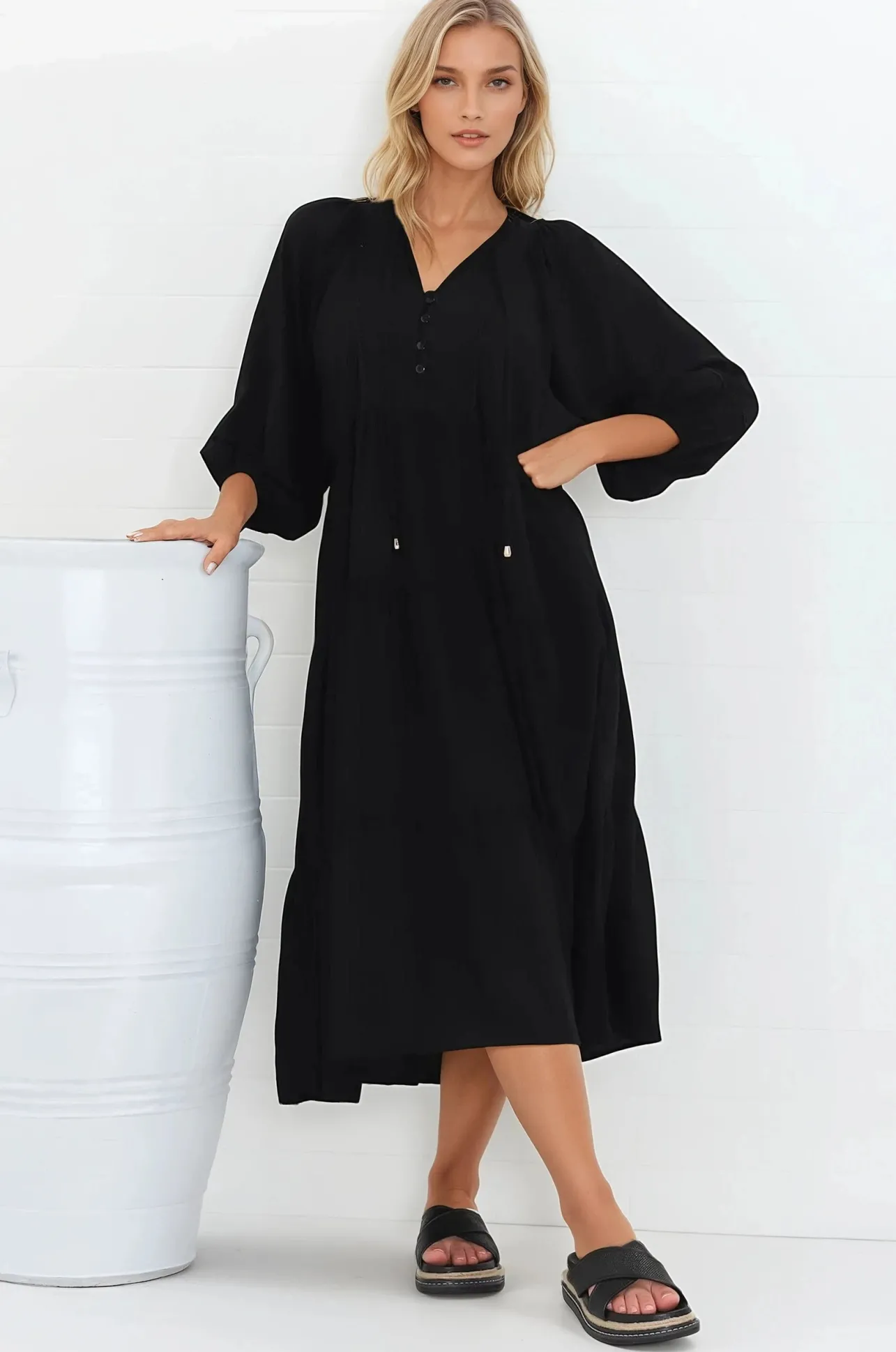 Kamali Midi Dress - Batwing Sleeve Smock Dress with Lace Detailing in Black>Salty Crush Sale