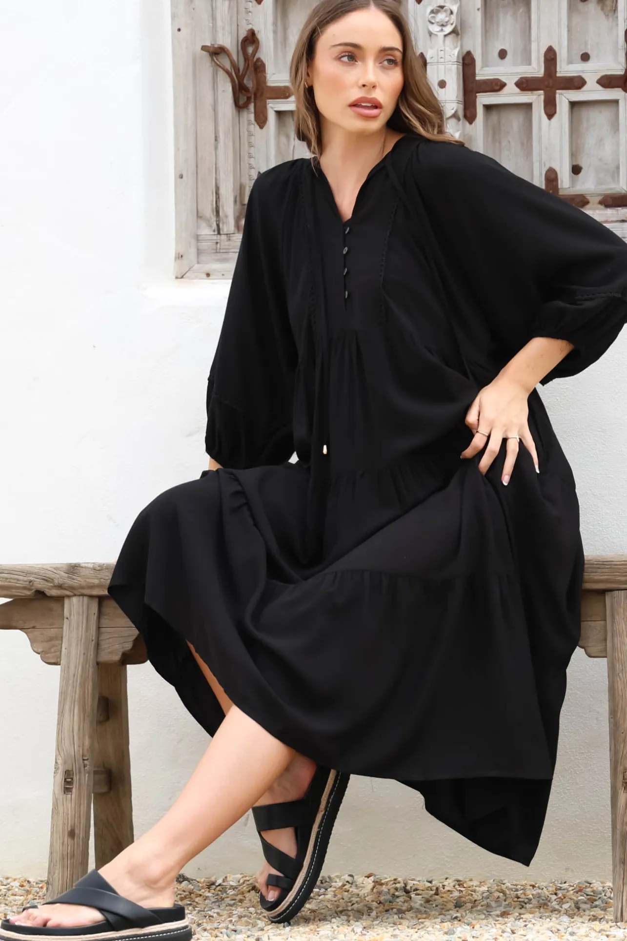 Kamali Midi Dress - Batwing Sleeve Smock Dress with Lace Detailing in Black>Salty Crush Sale