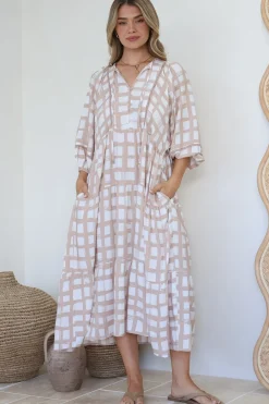 Kamali Midi Dress - Batwing Sleeve Smock Dress with Lace Detailing in Beth Print Beige>Salty Crush Sale