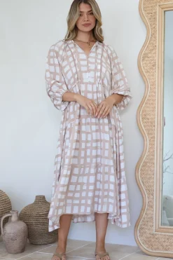 Kamali Midi Dress - Batwing Sleeve Smock Dress with Lace Detailing in Beth Print Beige><noscript><img width=