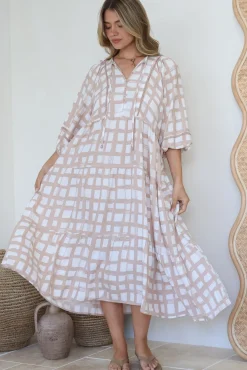 Kamali Midi Dress - Batwing Sleeve Smock Dress with Lace Detailing in Beth Print Beige><noscript><img width=