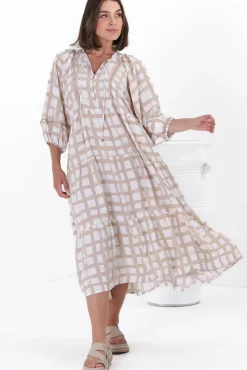 Kamali Midi Dress - Batwing Sleeve Smock Dress with Lace Detailing in Beth Print Beige><noscript><img width=