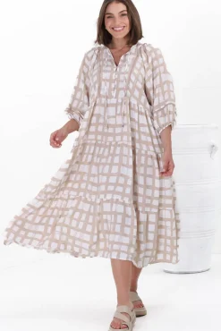 Kamali Midi Dress - Batwing Sleeve Smock Dress with Lace Detailing in Beth Print Beige><noscript><img width=