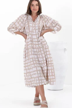 Kamali Midi Dress - Batwing Sleeve Smock Dress with Lace Detailing in Beth Print Beige><noscript><img width=