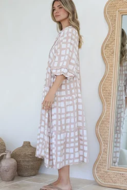 Kamali Midi Dress - Batwing Sleeve Smock Dress with Lace Detailing in Beth Print Beige><noscript><img width=