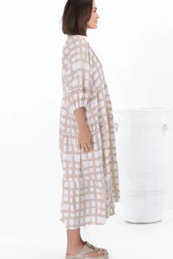 Kamali Midi Dress - Batwing Sleeve Smock Dress with Lace Detailing in Beth Print Beige><noscript><img width=