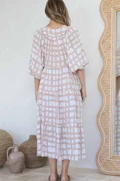 Kamali Midi Dress - Batwing Sleeve Smock Dress with Lace Detailing in Beth Print Beige><noscript><img width=