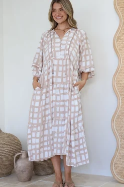 Kamali Midi Dress - Batwing Sleeve Smock Dress with Lace Detailing in Beth Print Beige><noscript><img width=