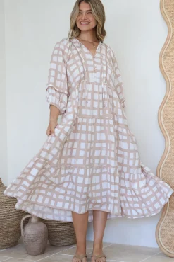 Kamali Midi Dress - Batwing Sleeve Smock Dress with Lace Detailing in Beth Print Beige><noscript><img width=