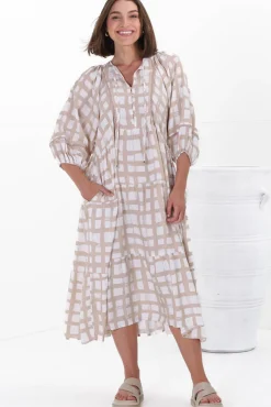 Kamali Midi Dress - Batwing Sleeve Smock Dress with Lace Detailing in Beth Print Beige><noscript><img width=