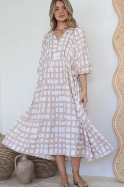 Kamali Midi Dress - Batwing Sleeve Smock Dress with Lace Detailing in Beth Print Beige><noscript><img width=