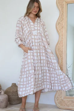 Kamali Midi Dress - Batwing Sleeve Smock Dress with Lace Detailing in Beth Print Beige><noscript><img width=