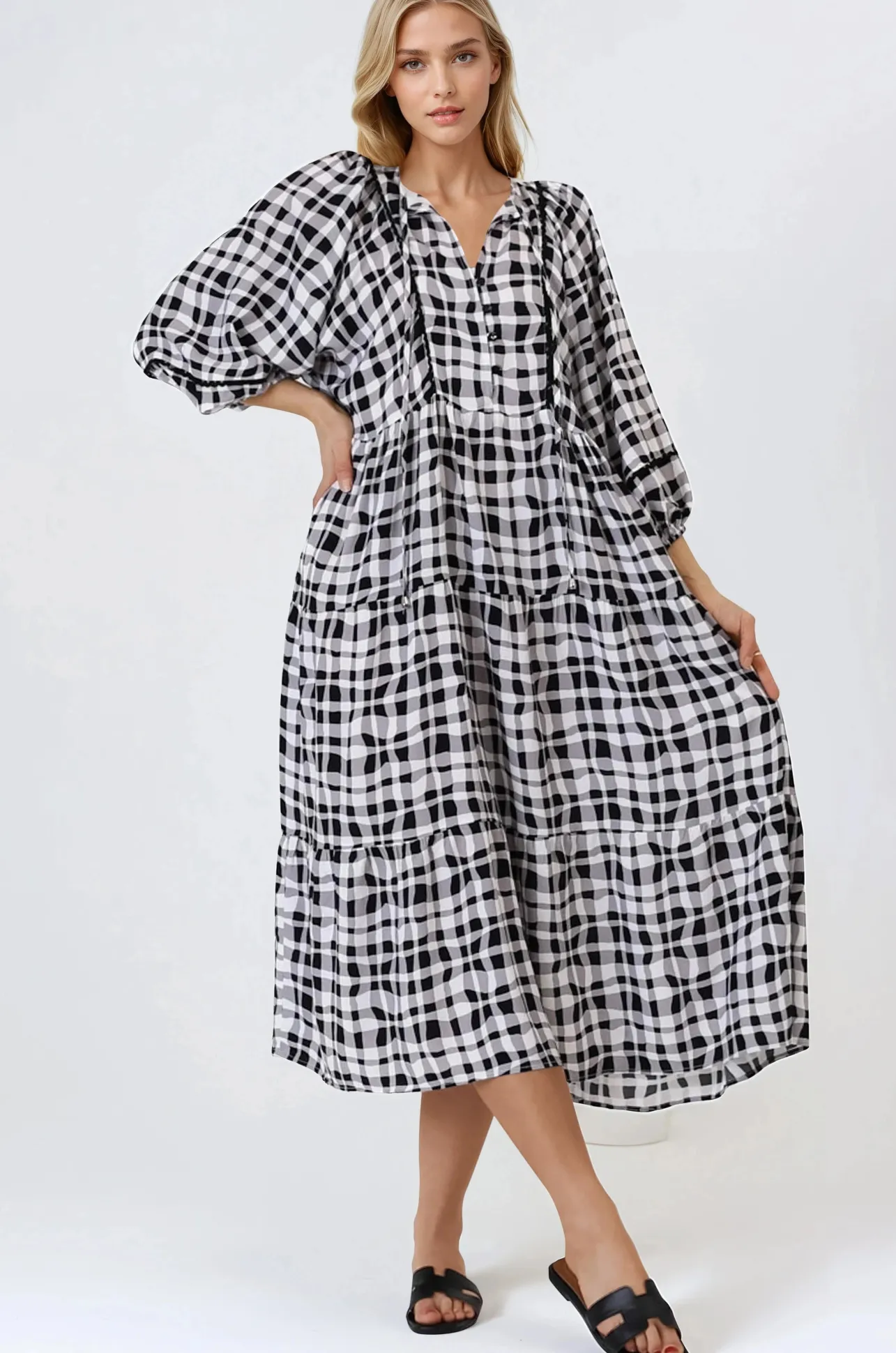 Kamali Midi Dress - Batwing Sleeve Smock Dress with Lace Detailing in Liniker Print Black>Salty Crush Online