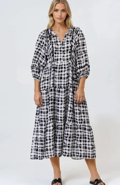 Kamali Midi Dress - Batwing Sleeve Smock Dress with Lace Detailing in Liniker Print Black><noscript><img width=