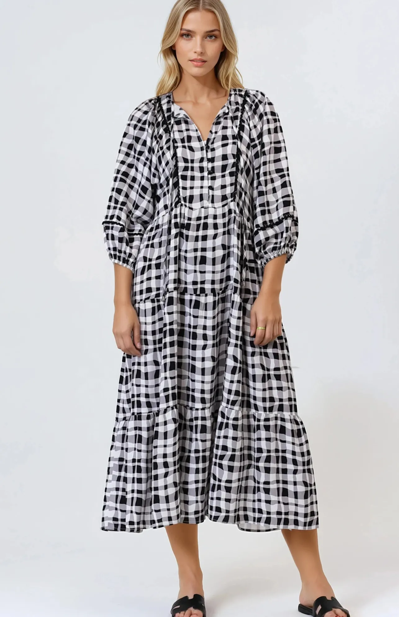 Kamali Midi Dress - Batwing Sleeve Smock Dress with Lace Detailing in Liniker Print Black>Salty Crush Online