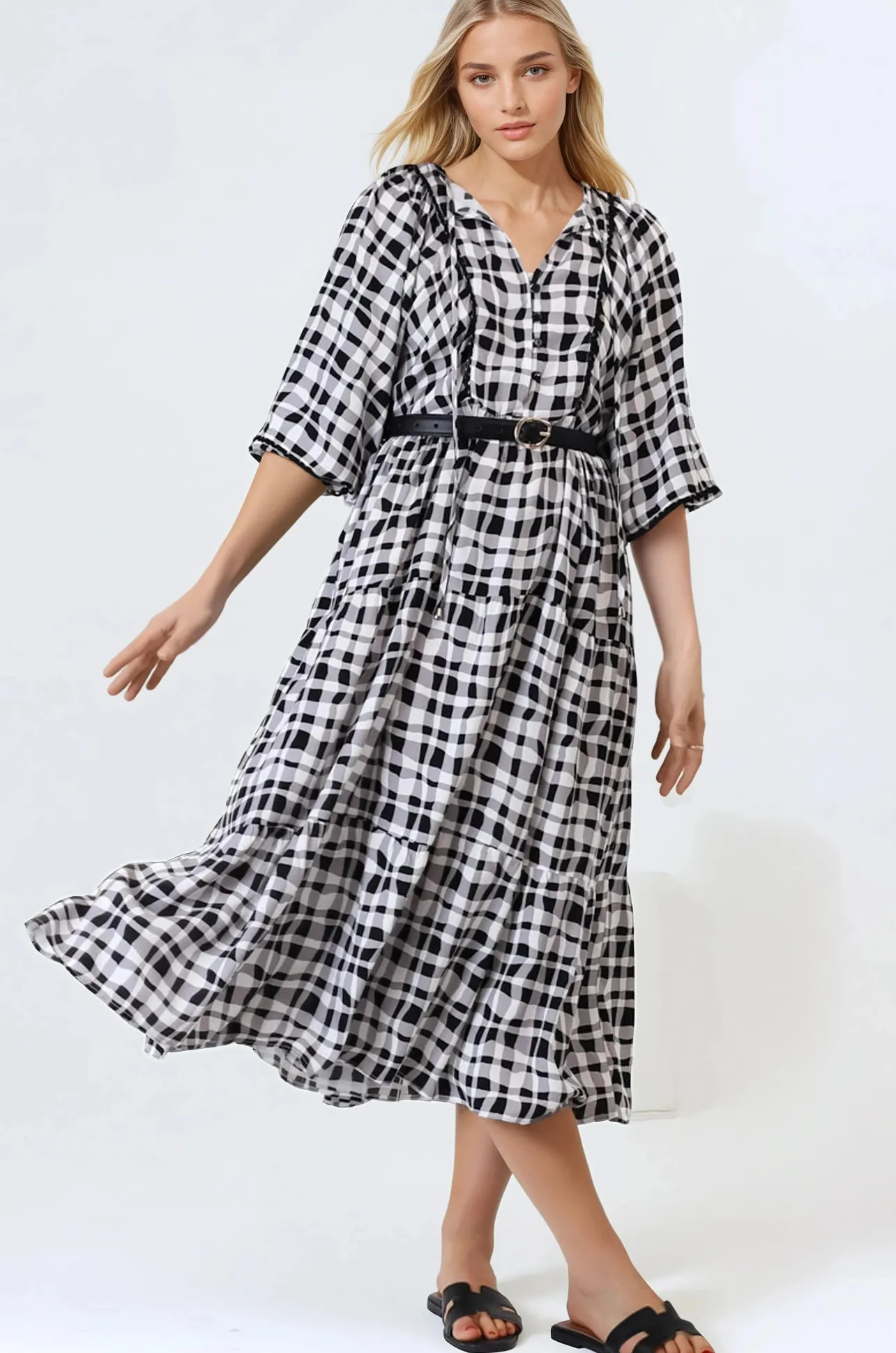 Kamali Midi Dress - Batwing Sleeve Smock Dress with Lace Detailing in Liniker Print Black>Salty Crush Online