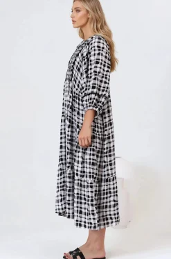 Kamali Midi Dress - Batwing Sleeve Smock Dress with Lace Detailing in Liniker Print Black><noscript><img width=