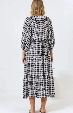 Kamali Midi Dress - Batwing Sleeve Smock Dress with Lace Detailing in Liniker Print Black><noscript><img width=
