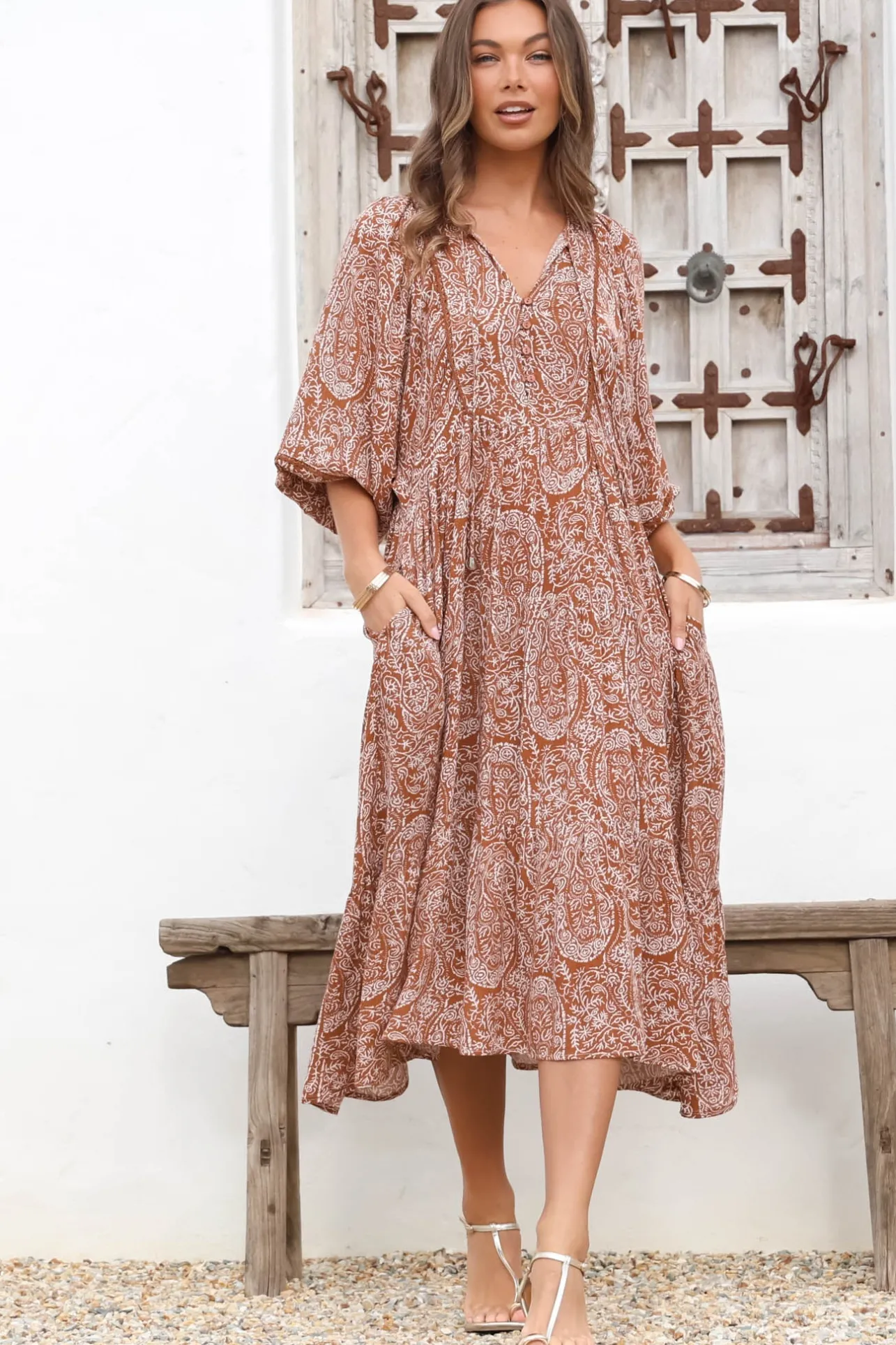 Kamali Midi Dress - Batwing Sleeve Smock Dress with Lace Detailing in Khalid Print Rust>Salty Crush Hot