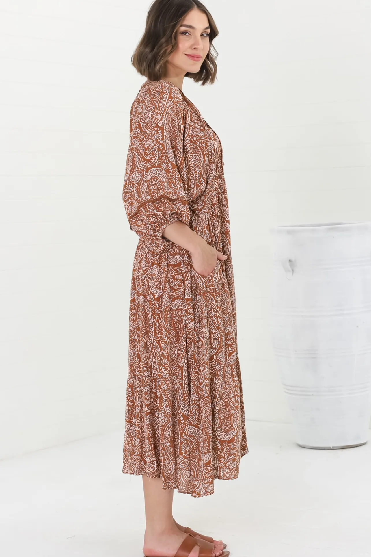 Kamali Midi Dress - Batwing Sleeve Smock Dress with Lace Detailing in Khalid Print Rust>Salty Crush Hot